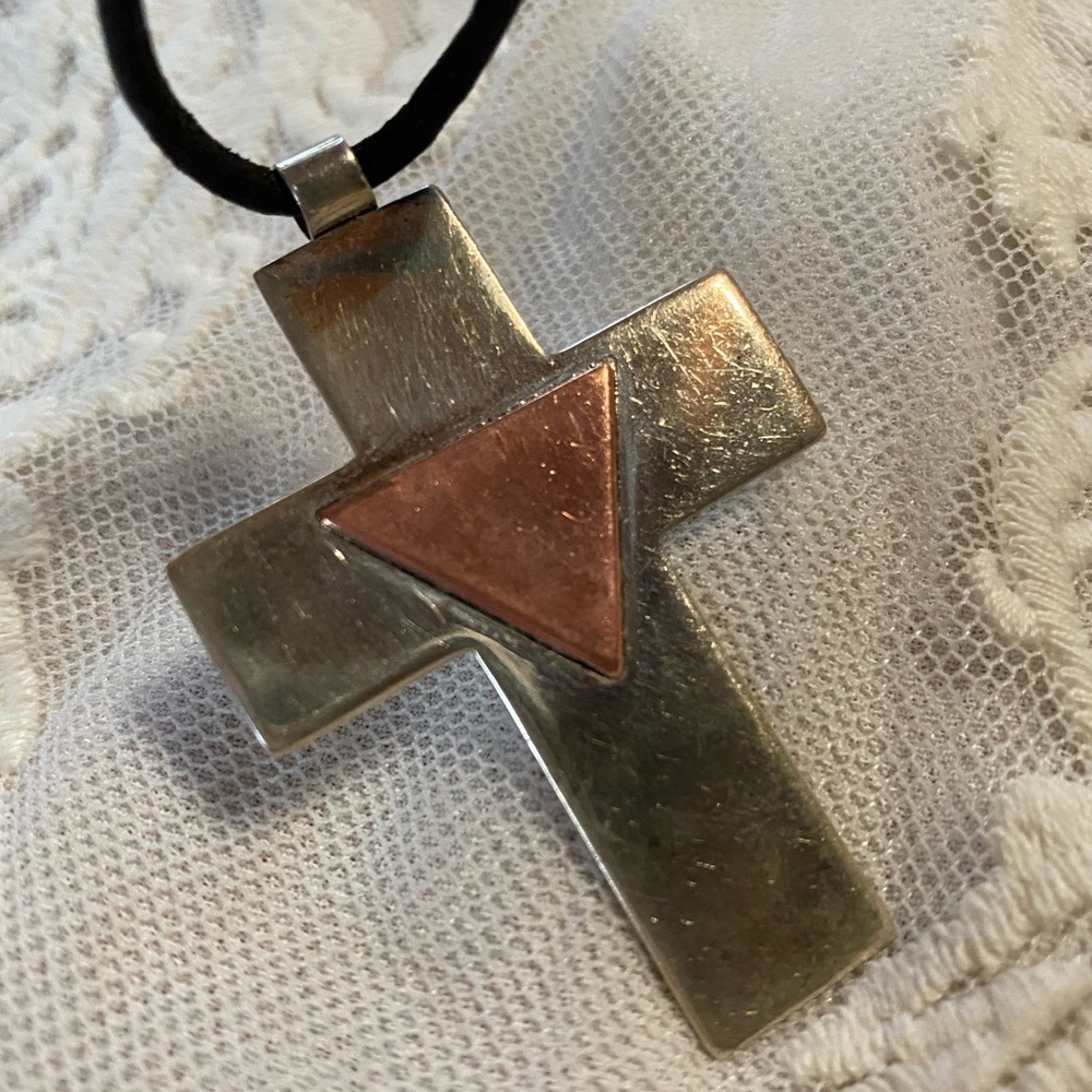 2” Artisan Sterling silver 925 cross pendant copper accent leather cord